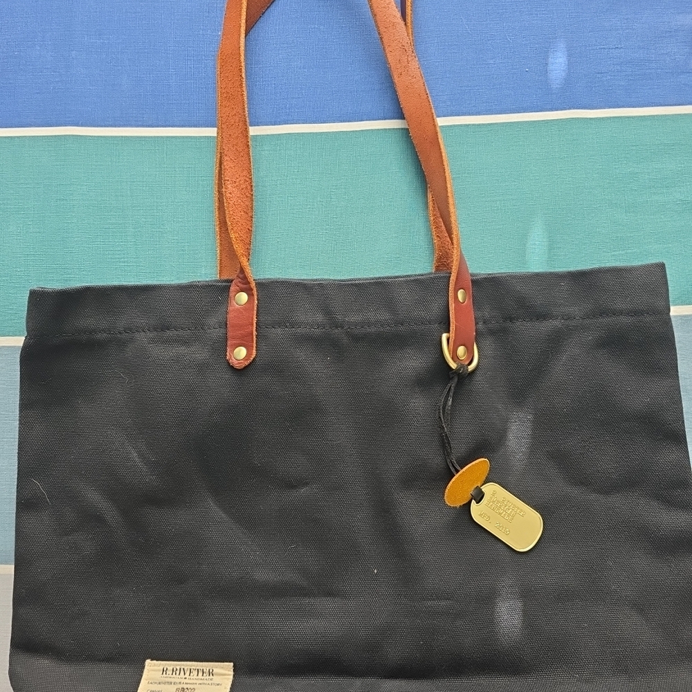 R. Riveter RR202 USA Handmade Black Canvas Tote Bag with Brown Handles - Picture 1 of 8